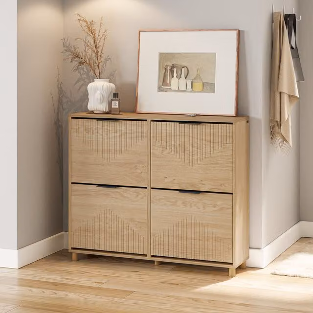 SoBuy Modern 4-Door Flip Shoe Cabinet in Light Oak