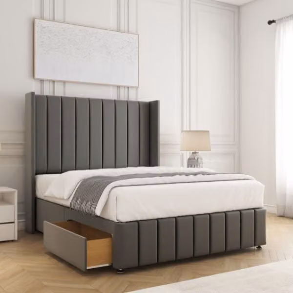 BSSPOKE Zoe Small Double Divan Bed with 54 inch Headboard and 2 Drawers in Grey Plush Velvet