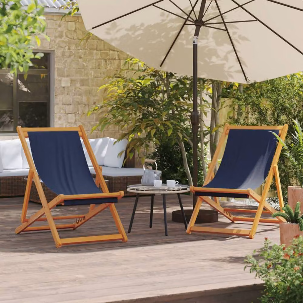 Berkfield Home Set of 2 Durable Folding Beach Chairs with Armrests in Blue Fabric and Treated Hardwood – 2