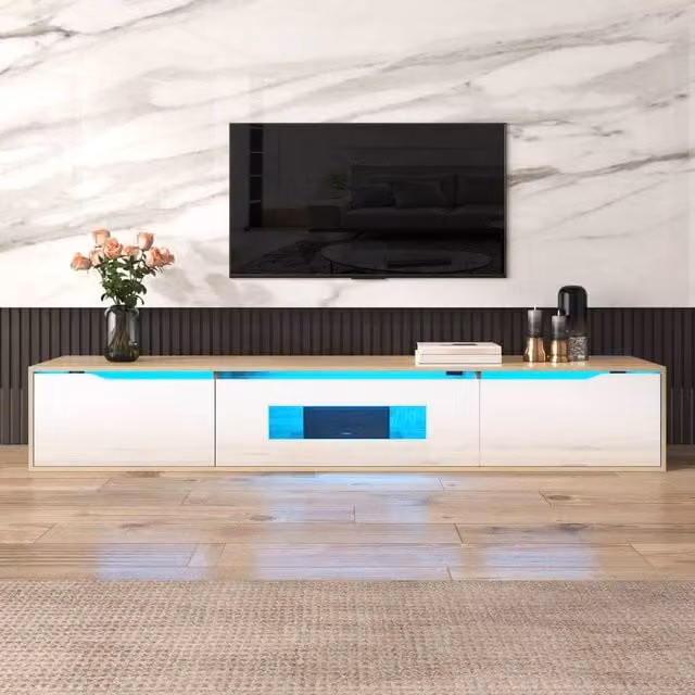 Matteo Modern High Gloss White and Wood TV Cabinet with Integrated Colour Changing LED, W: 180 cm, D: 30 cm, H: 35 cm