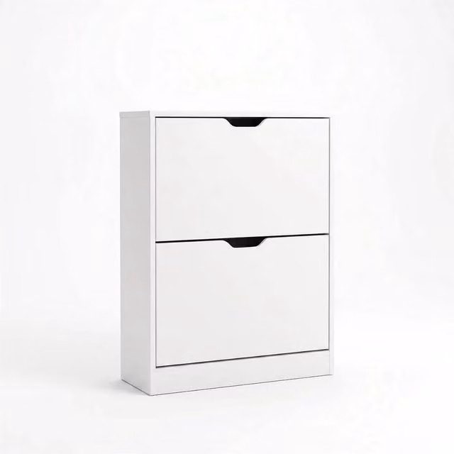 Nordara White Wooden 2 Drawer Shoe Rack Storage Cabinet with Tilting Compartments and Internal Shelves W: 100 cm, D: 17 cm, H: 83 cm – 1