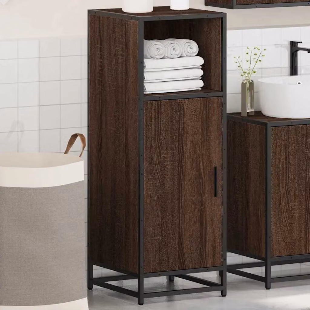 Berkfield Home Brown Oak Bathroom Cabinet with Hinged Doors and Open Shelf, W/D/H: 35 x 37.5 x 100 cm – 3