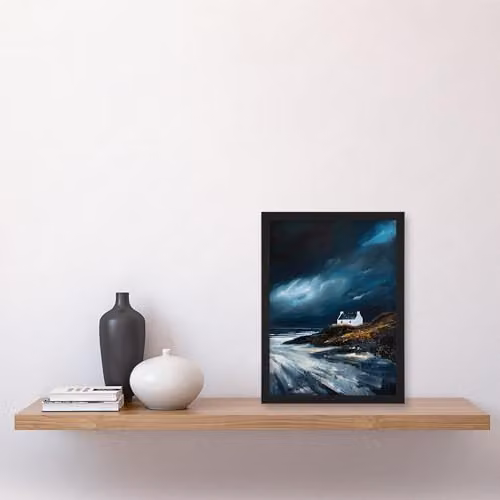 Artery8 Scottish Isle Cottage Stormy Coastal Landscape Oil Painting Framed Wall Art Print, Blue, W: 21.0 cm, H: 29.7 cm – 4