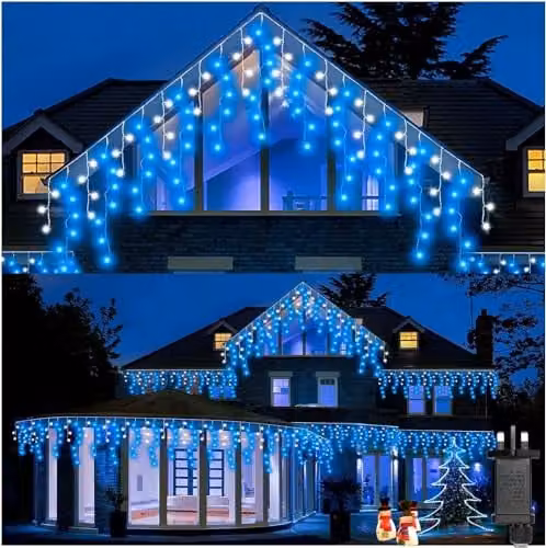 Shatchi 240 LED Icicle Christmas Lights in Blue and White with Timer and Waterproof IP44 Rating – 1