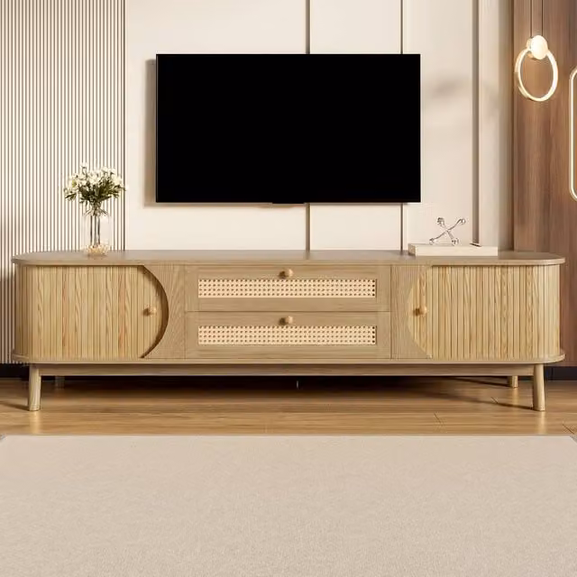 Merax Rattan TV Cabinet with Sliding Doors and Drawers in Sand Beige