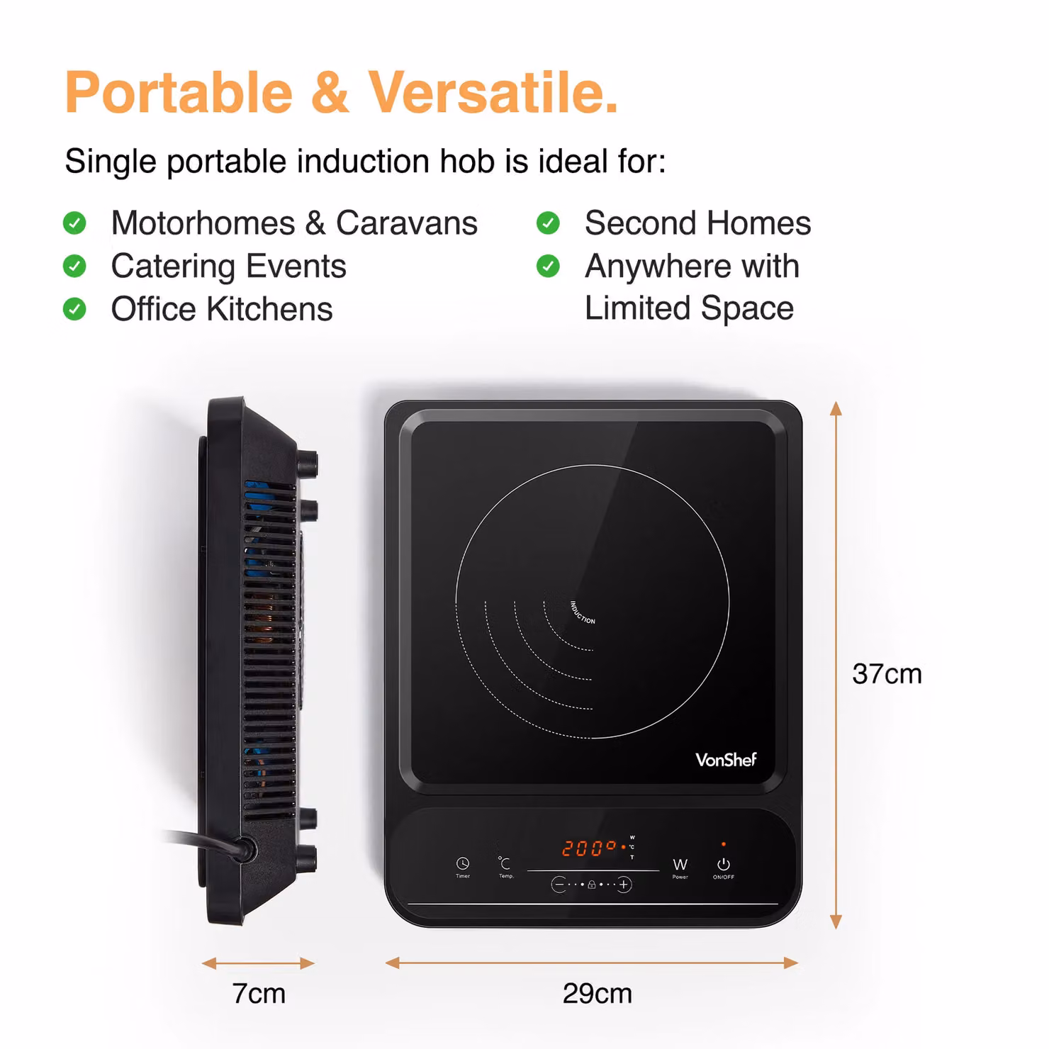 VonShef Single Portable Induction Hob with 2000W Power, LED Digital Display and Timer in Black – 6