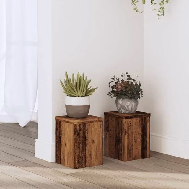 Berkfield Home Set of 2 Square Wood Tabletop Plant Stands in Brown, W/D/H: 15 x 15 x 20 cm