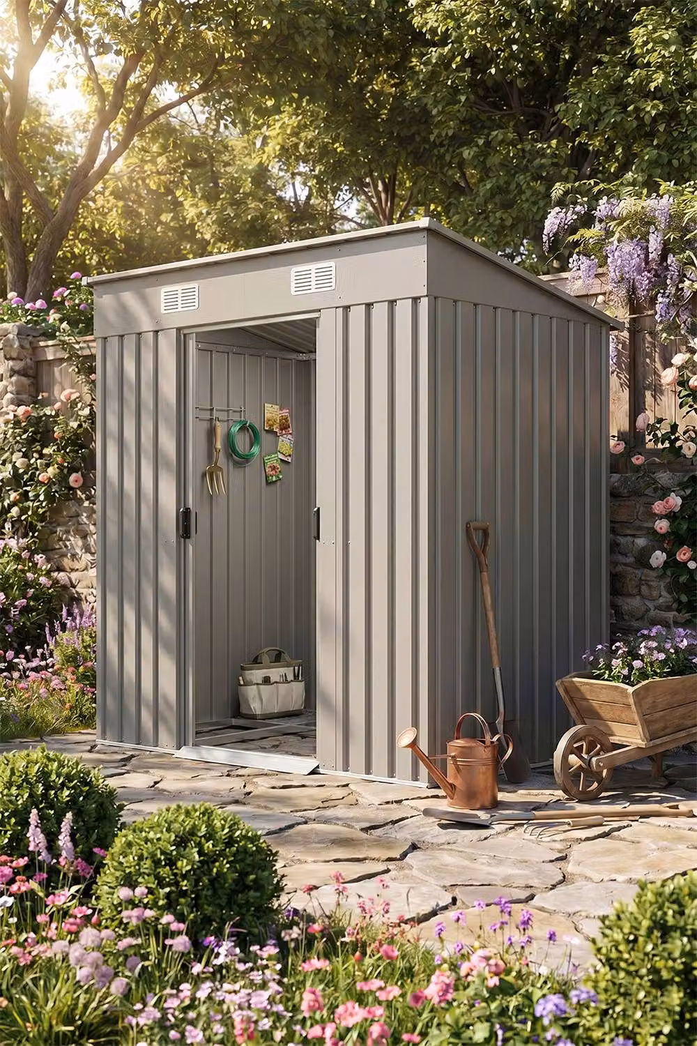 Living and Home Grey Metal Pent Garden Storage Shed with Sliding Door – 2