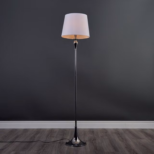 ValueLights Faulkner Chrome Floor Lamp with White Fabric Tapered Shade - Silver