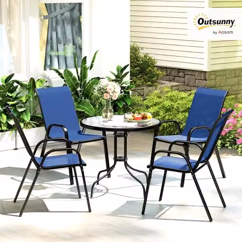 Outsunny 5 Piece Garden Dining Set with Round Glass Table and Stackable Chairs in Blue – 2