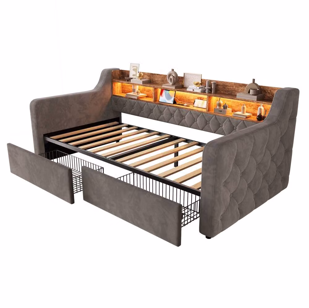 STILVORA Single Upholstered Storage Bed in Grey with LED Lighting, USB Charging Port and Bedside Shelf, W/D/H: 90 x 190 cm – 2