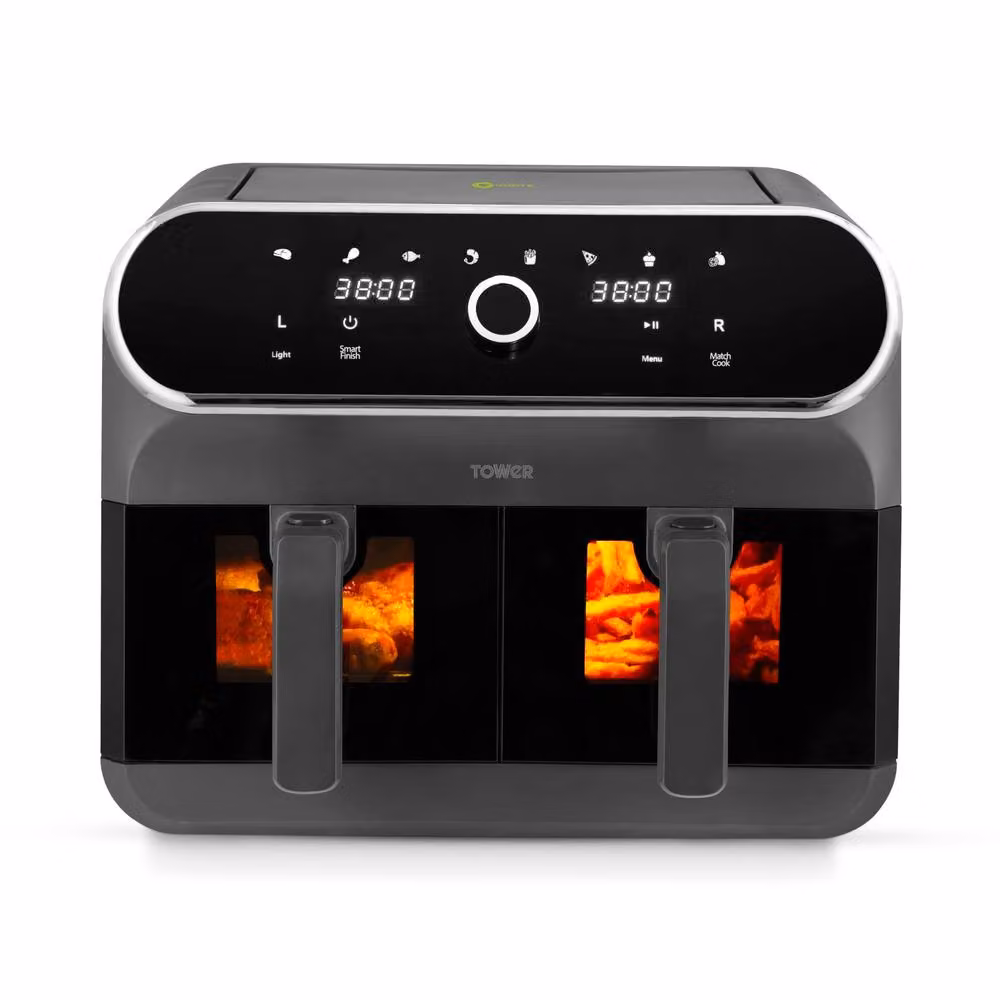 Tower T17195 Elite Dual Basket Air Fryer with Digital Control Panel and Viewing Windows in Grey and Black – 2