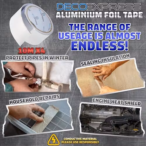 Deco Express Silver Aluminium Foil Insulation Tape, 4 Pack, W: 4.5 cm, L: 10 m – 2