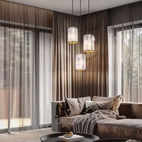 Netlighting Run Cluster Pendant Light with K5 Smoke Crystals in Brown and Wood Look, 3x E27, Diameter: 35 cm, Height: 120 cm – 3