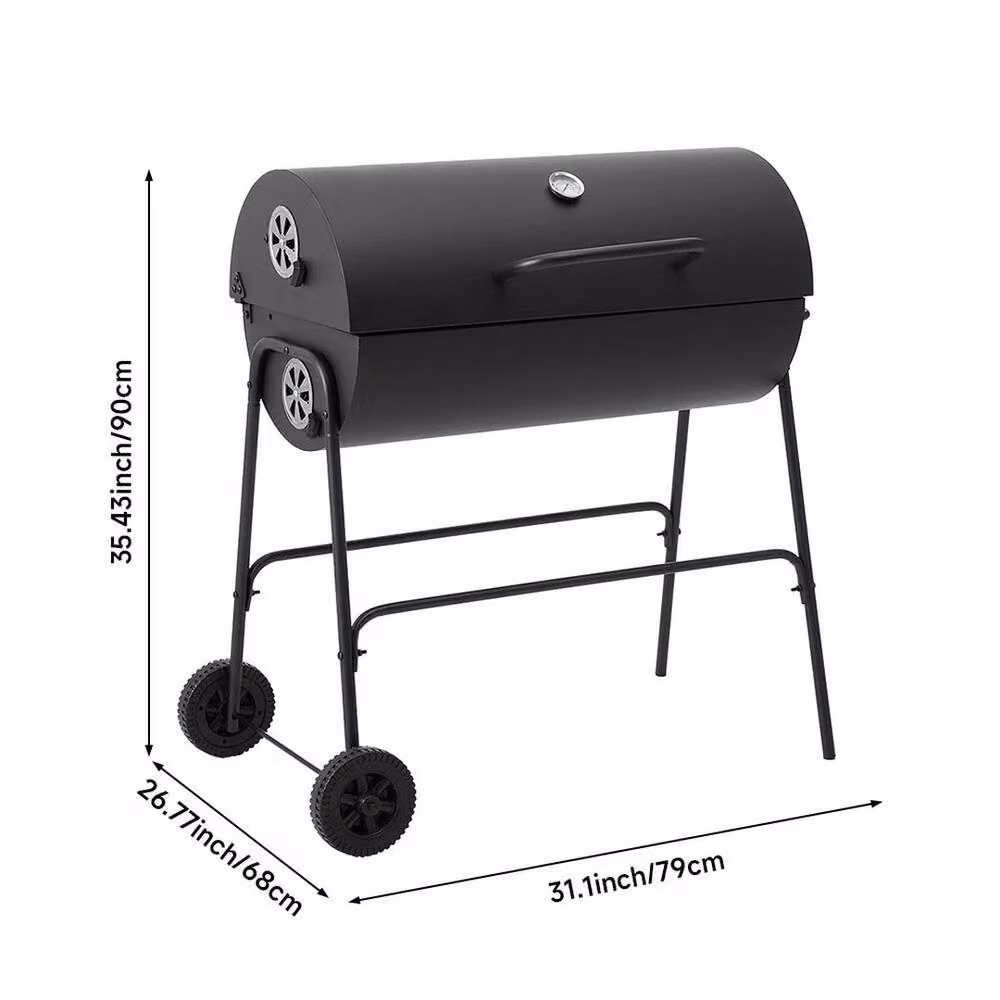 KORVIXA Black Enamelled Steel Charcoal BBQ Grill Smoker Cart with Thermometer, W/D/H: 79 x 68 x 90 cm – 2