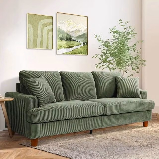 Dprodo Mid Century Modern 3 Seat Cord Upholstered Sofa in Green with Solid Wood Frame, W: 220 cm, H: 76 cm, D: 89 cm – 1