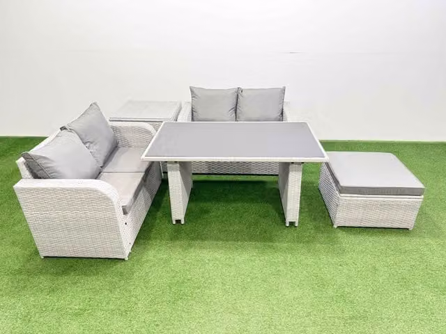 Fimous 5 Piece Outdoor PE Rattan Sofa Set with Cushions, Side Table and Large Stool in Light Grey
