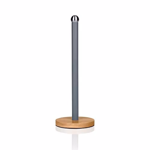 Swan Nordic Scandi Freestanding Towel Pole and Kitchen Roll Holder with Non-Slip Bamboo Base, Grey