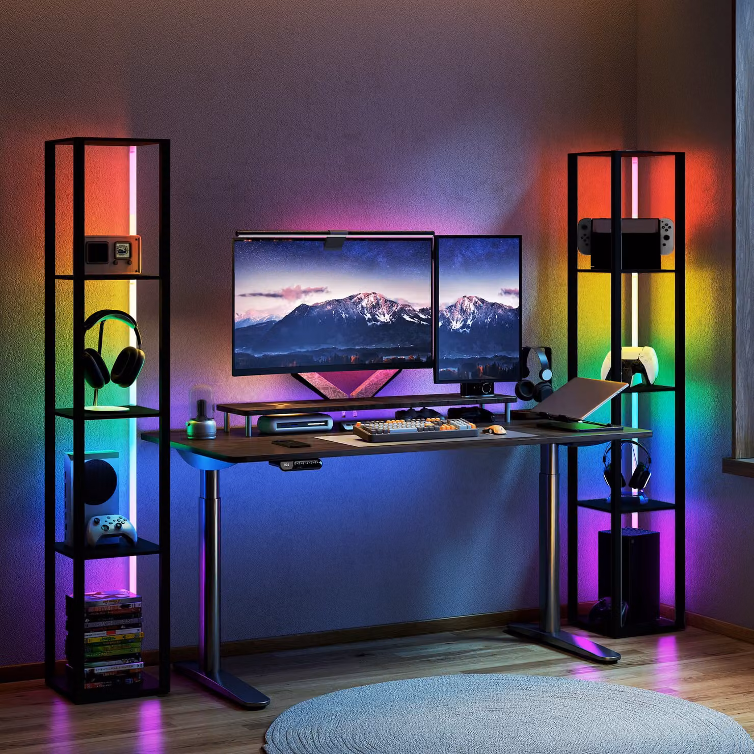HOMCOM RGB LED Floor Lamp with Shelves, Modern Dimmable Standing Lamp with Remote Control, Black – 1