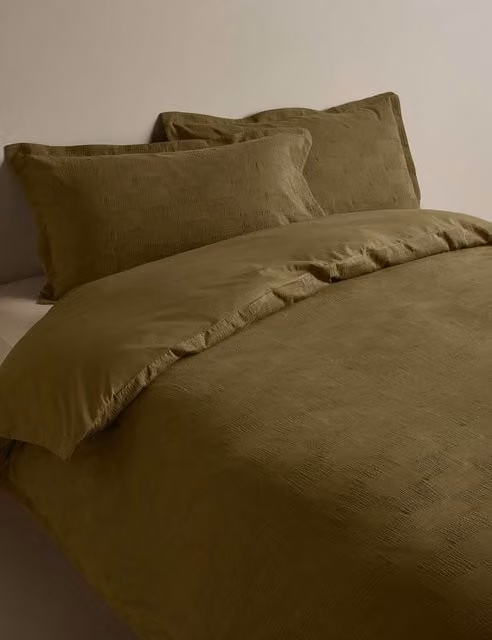 M&S Sateen Seersucker Checkerboard Cotton Bedding Set, Green, W: 180 cm x L: 200 cm