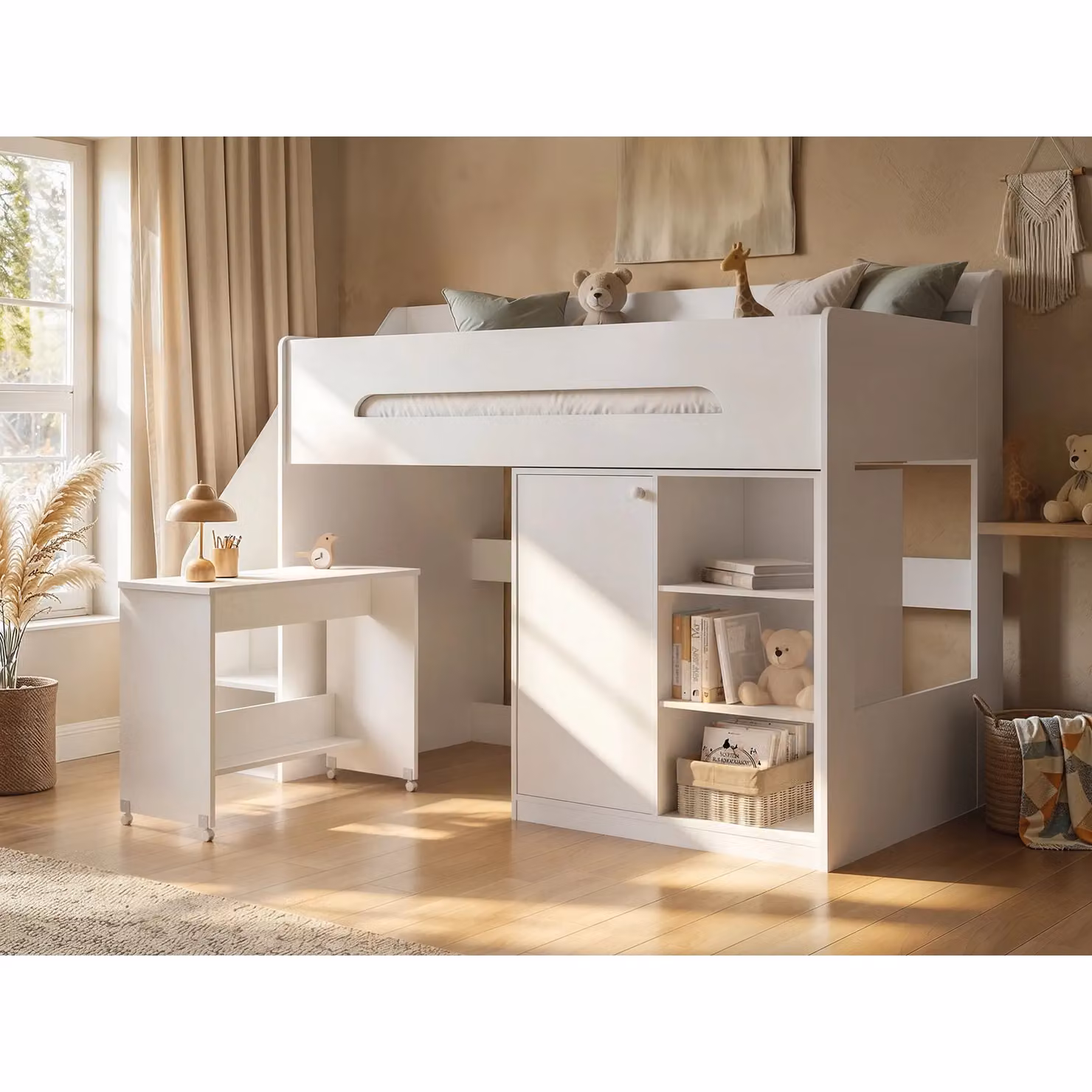 Flair Furnishings Stepaside Staircase High Sleeper Workstation with Side Compartments in White, Single Size – 2