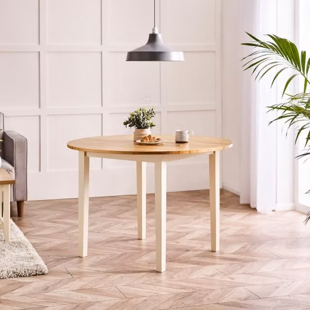 FurnitureboxUK Salcombe Round Solid Oak and Rubberwood Dining Table with Cream Legs