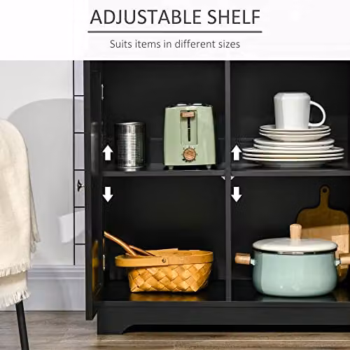 HOMCOM Modern Black Sideboard Buffet Cabinet with Rubberwood Top and Storage Cabinets, W/D/H: 101 x 40 x 85 cm – 5