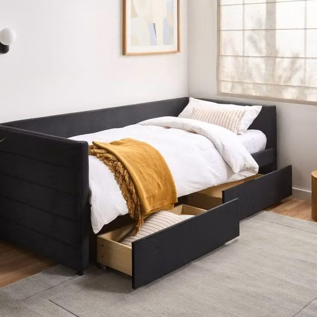 Wyld Haus Black Velvet Daybed with Drawers, W/D/H: 90 x 200 cm