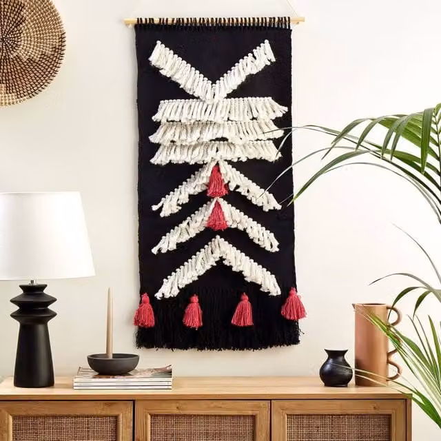 Wyld and Coco Handwoven Geometric Black and White Tassel Textile Wall Hanging – 1