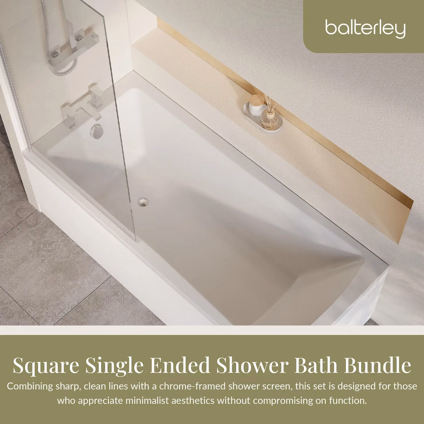 Balterley Square Single Ended Rectangular Bath in White with Panel, Chrome Square Screen and Leg Set – 2