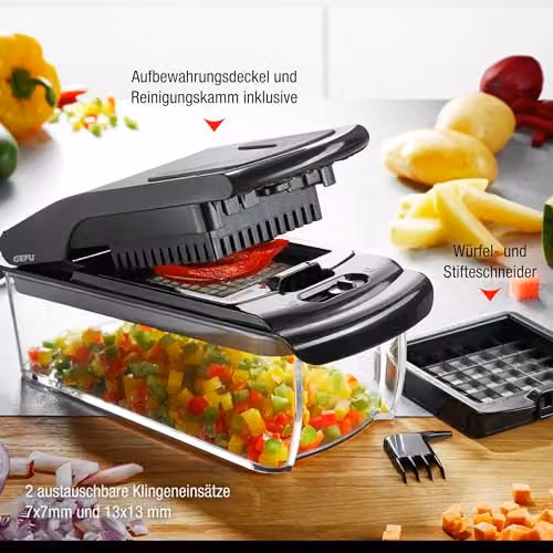 Gefu Treppo Vegetable and Cheese Cube Cutter with Collection Tray in Transparent and Black – 7