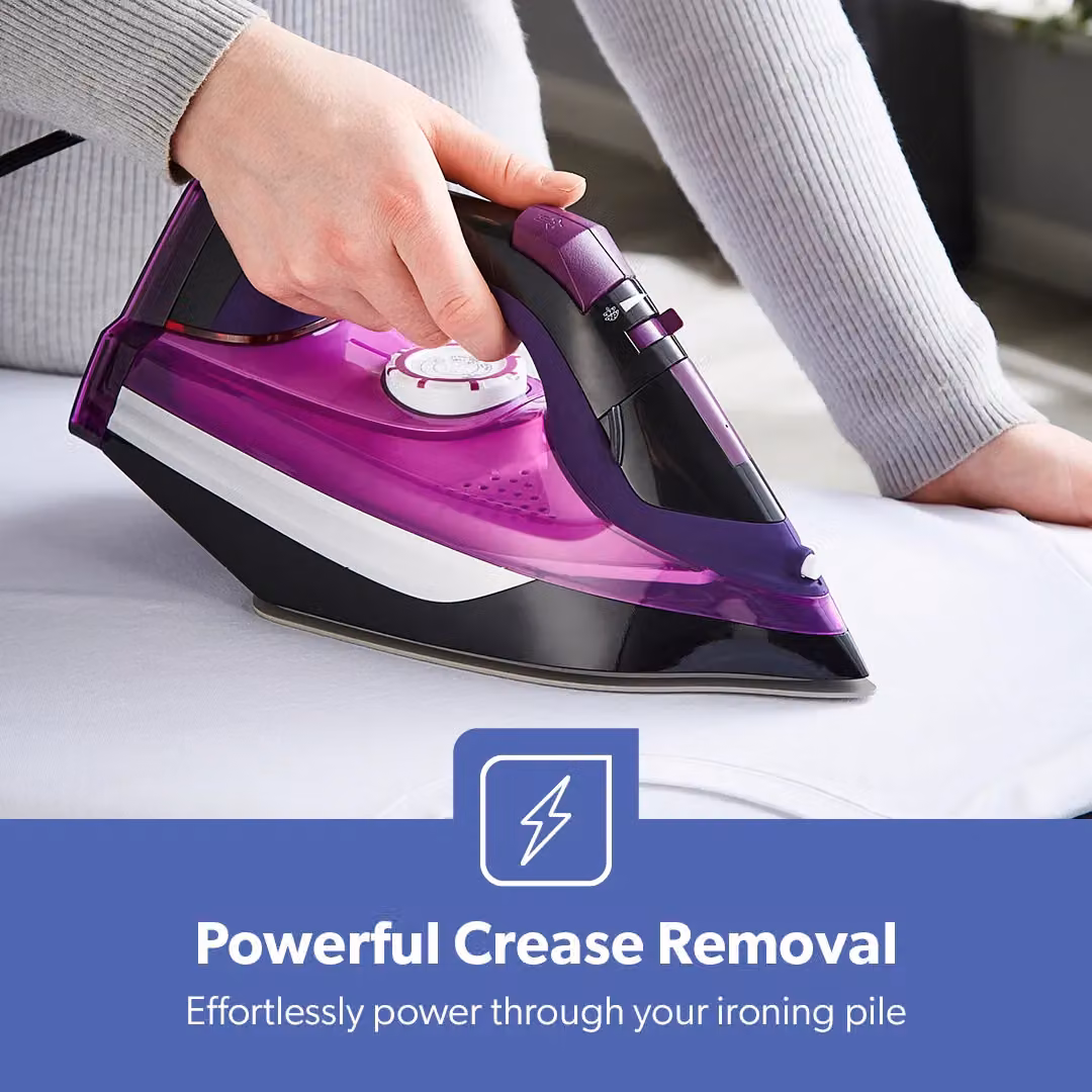 Geepas Steam Iron with Ceramic Non-Stick Soleplate and Vertical Steam Function, Purple, 480ml Tank – 6