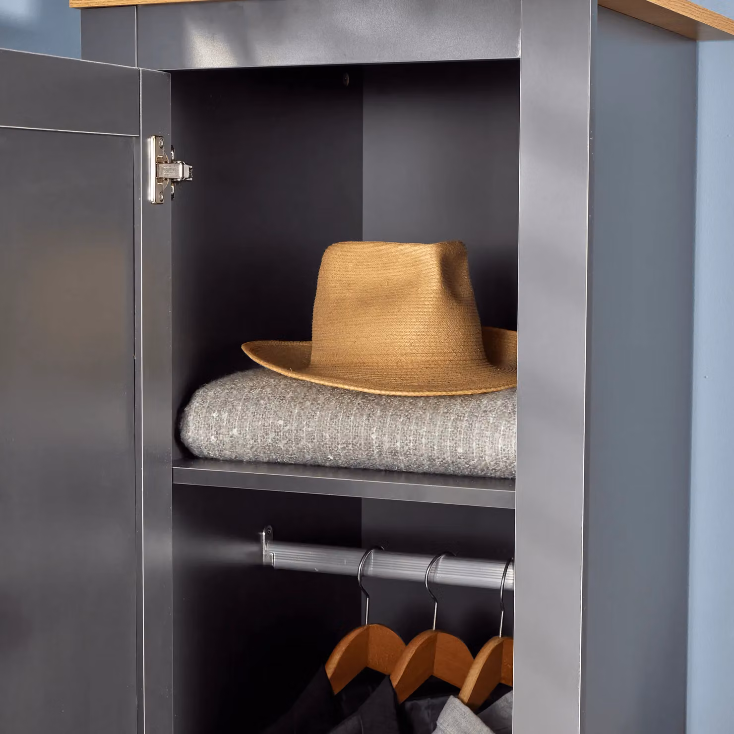Home Source 1 Door Wardrobe with Oak Top and Internal Shelving in Dark Grey and White – 2