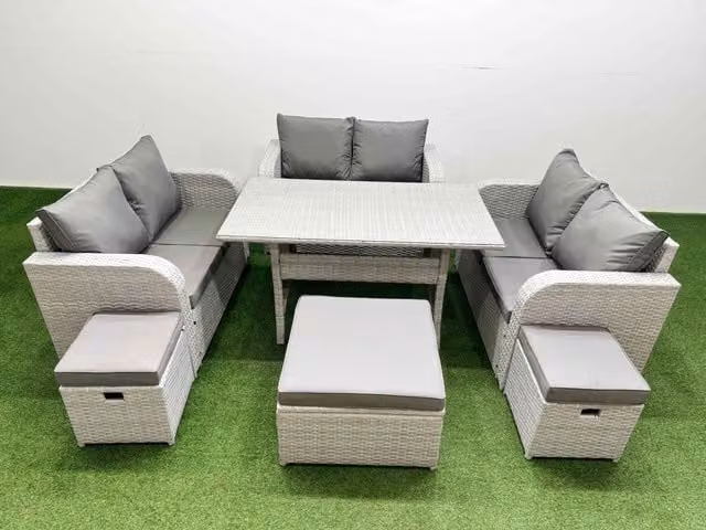 Fimous 9 Seater PE Wicker Rattan Garden Furniture Set in Light Grey with Rectangular Dining Table, 2 Seater Love Sofa and 3 Stools