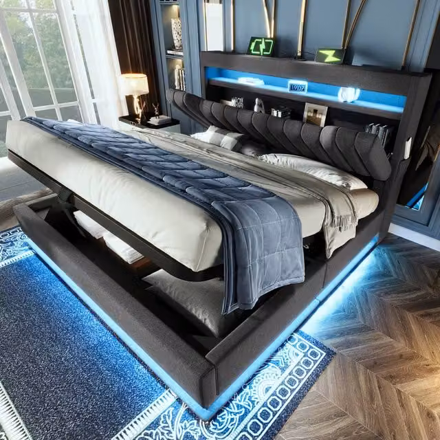 BTM Grey Linen King Size Bed with LED Under-Bed Lighting, USB-C Charging and Hydraulic Storage W/D/H: 180 x 200 x 111 cm