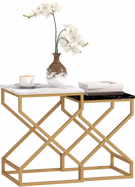 HOMCOM Set of Two Modern Square Nesting Tables with Marble-Effect Glossy Tops and Gold Metal X-Frame