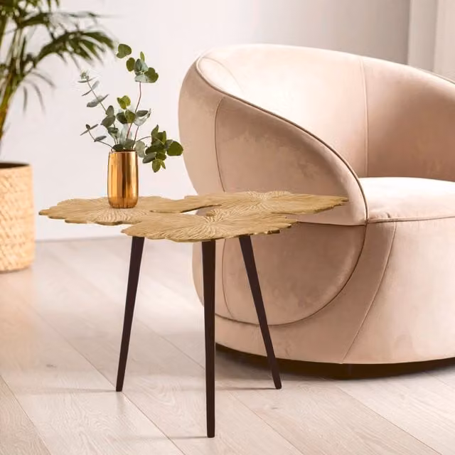 Orsina Round Gold and Black Metal Side Table with Gingko Leaf Design – 2