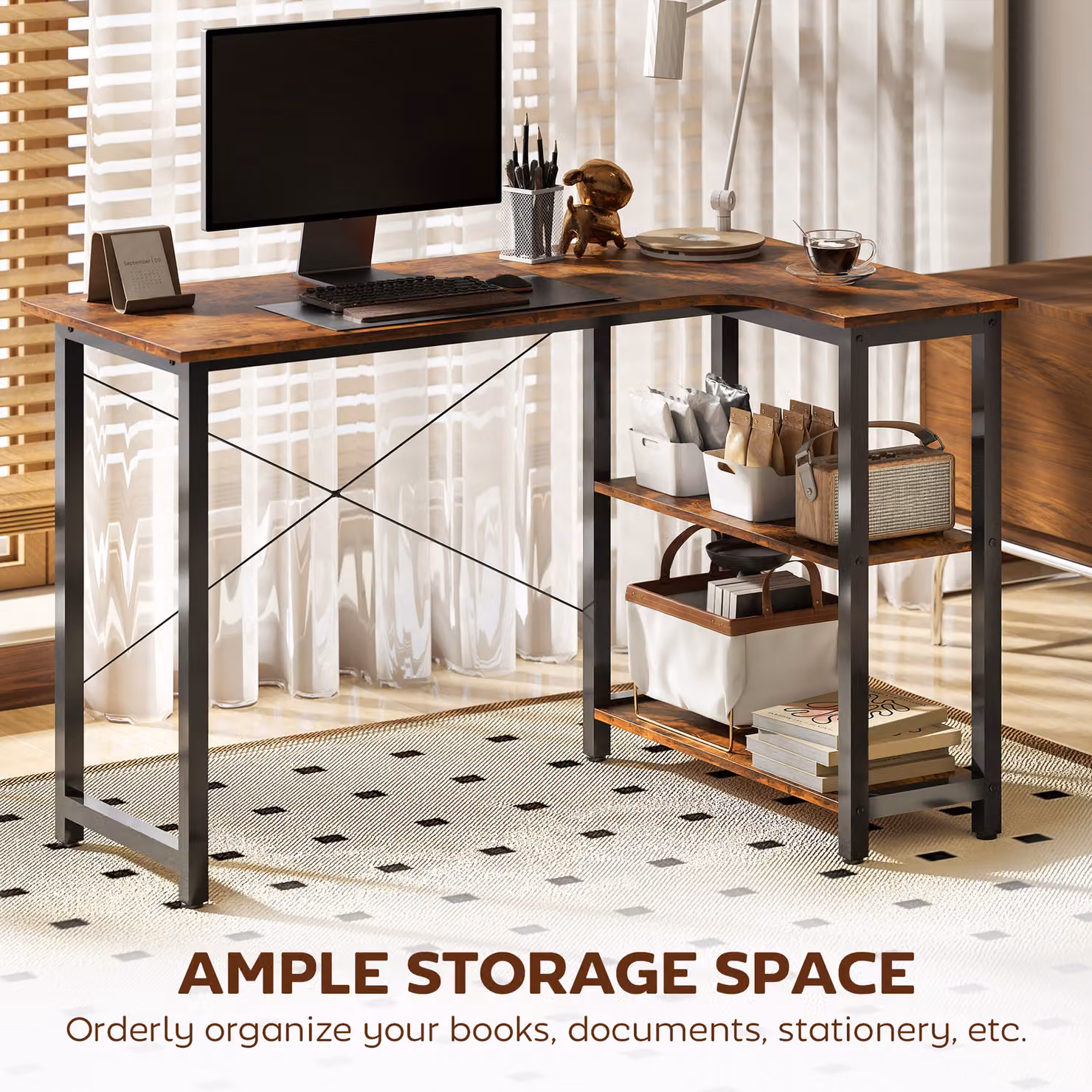 HOMCOM L Shaped Corner Computer Desk with Bookshelf in Rustic Brown, W/D/H: 120 x 73.2 x 75 cm – 5