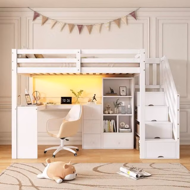 Merax White Solid Wood Single High Sleeper Loft Bed with Stairs and Drawers, W/D/H: 243 x 90 x 190 cm