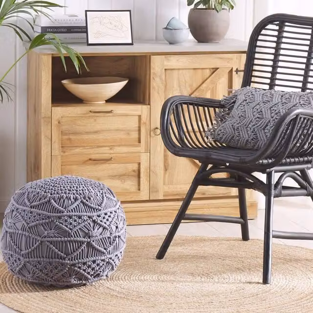 Wyld and Coco Grey Cotton Knitted Pouffe, Round Cylindrical Crochet Footstool