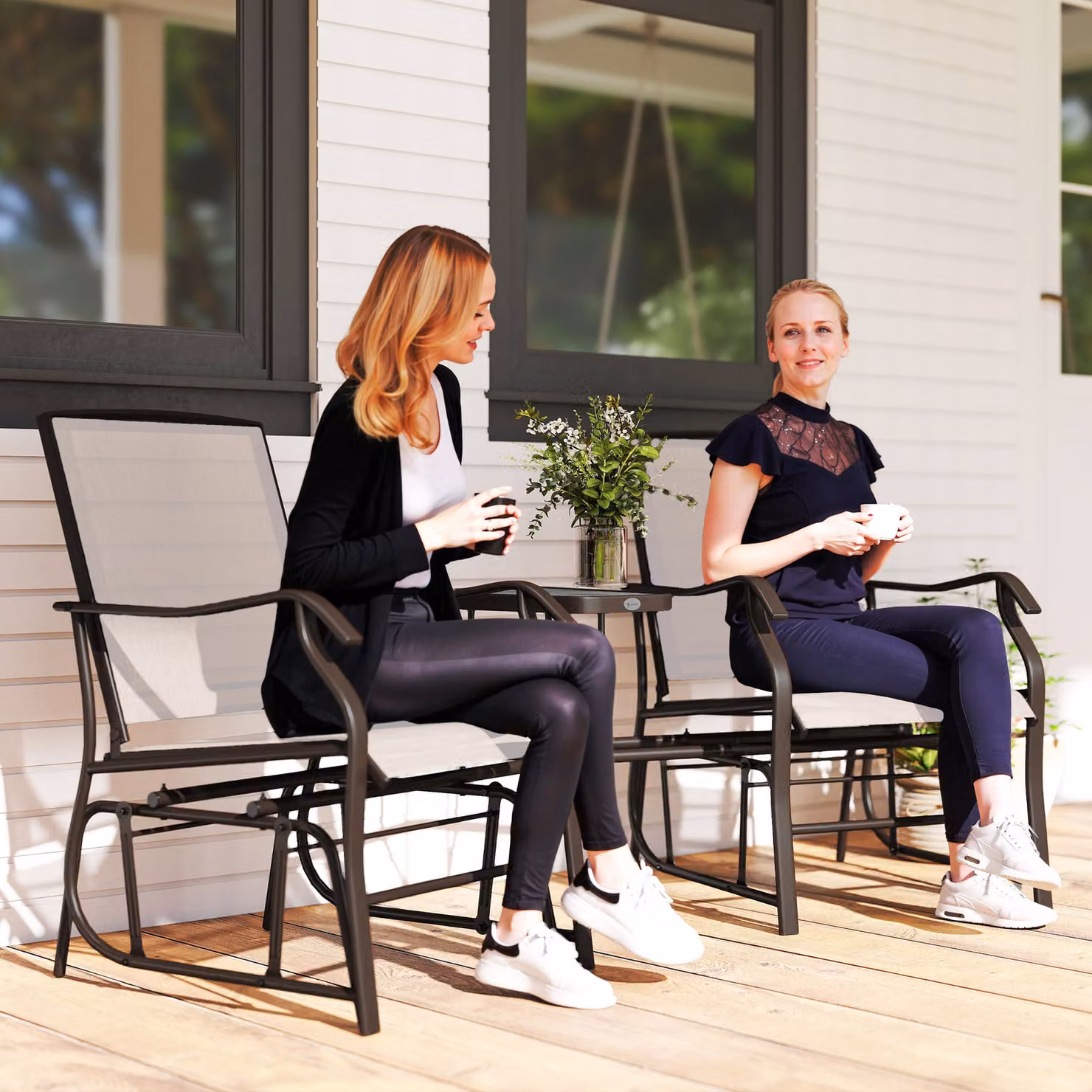 Outsunny Garden Double Glider Rocking Chairs and Coffee Table Set in Beige – 2