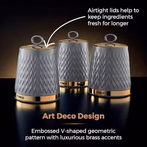 Tower Empire Set of 3 Geometric Ceramic Airtight Storage Canisters for Tea, Coffee and Sugar, Grey, Gold and Bronze, 1.3 l – 3