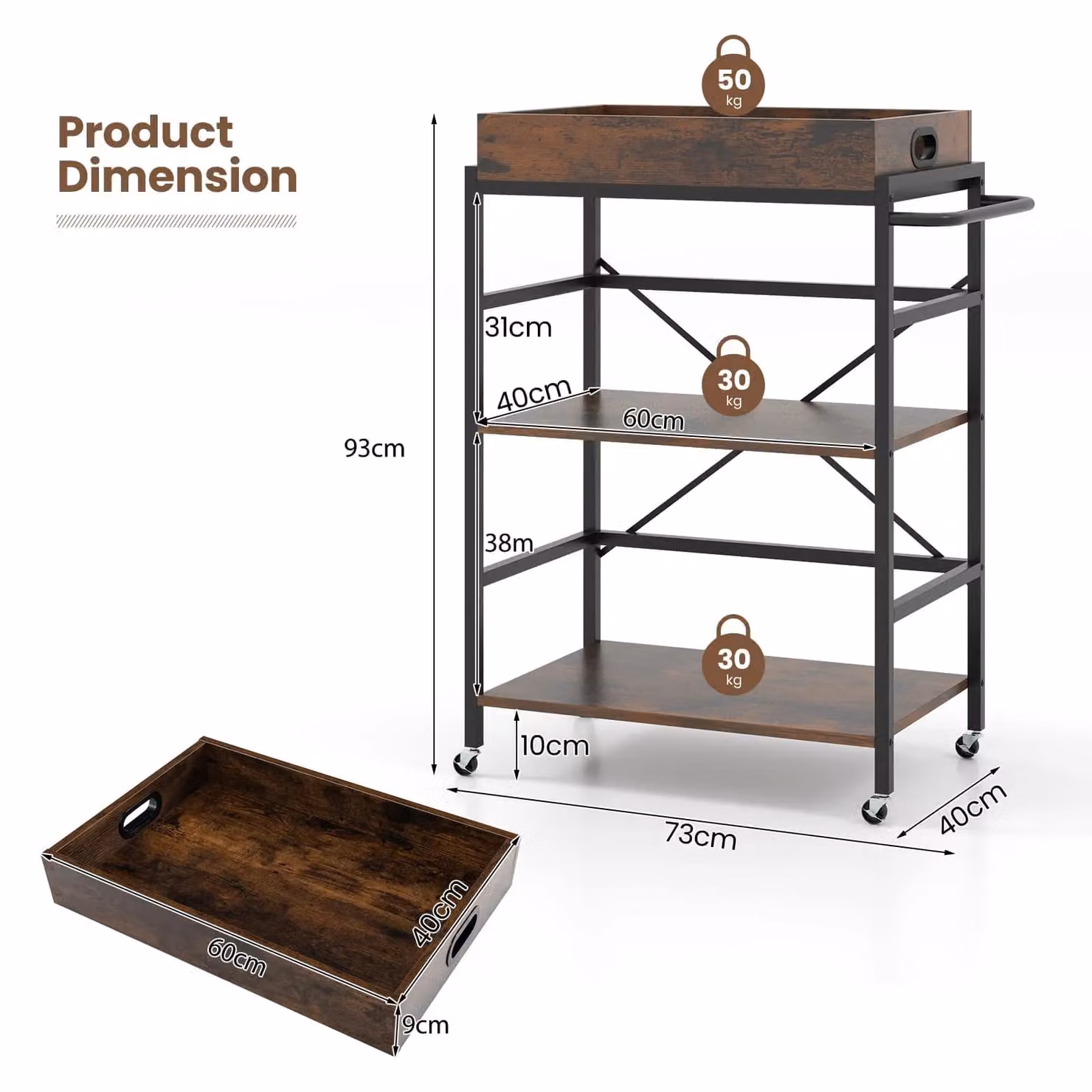 Gymax 3-Tier Industrial Metal Bar and Kitchen Serving Cart with Detachable Tray in Brown – 2