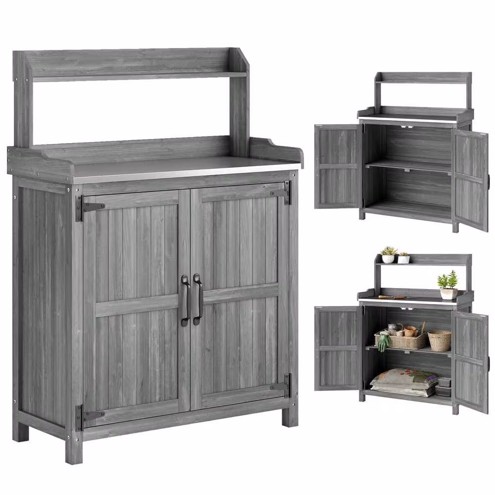 OUTSUNNY Grey Wooden Potting Bench Table with Aluminium Worktop and Top Shelf – 2
