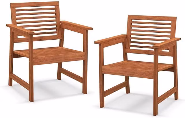 Costway Set of 2 Modern Outdoor Garden Dining Chairs in Brown Treated Hardwood