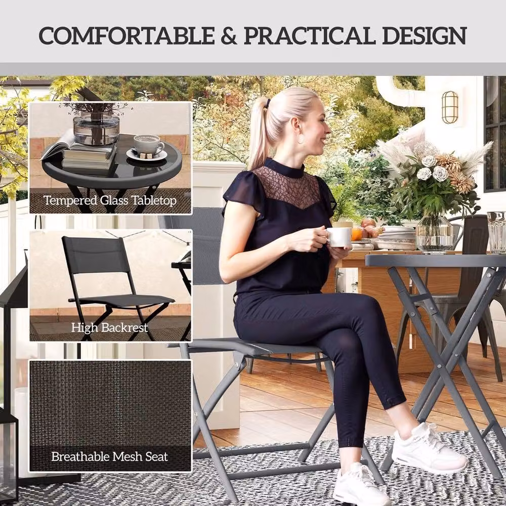 SPETLEK 3 Piece Outdoor Bistro Set with Glass Top Table and Chairs in Black, W/D/H: 100 x 100 x 65 cm – 3