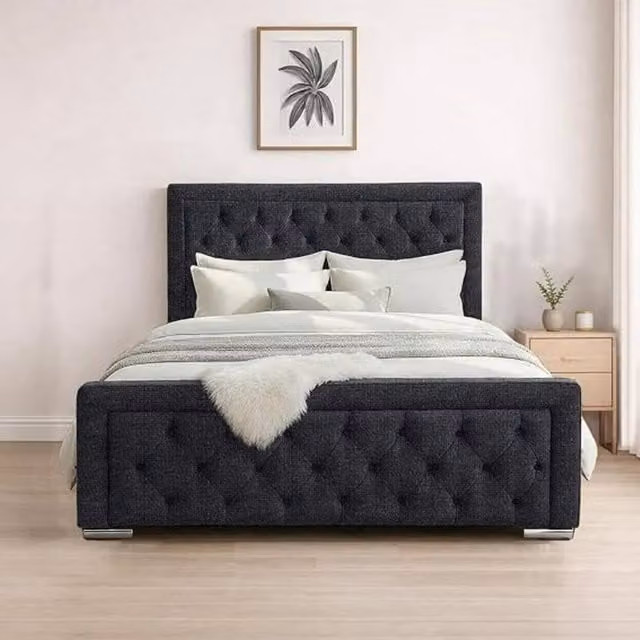 Bed Time UK Naples King Size Upholstered Bed Frame with Chesterfield Floor Standing Headboard in Black