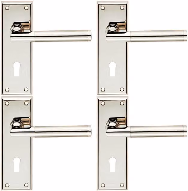 Loops 4x Round Bar Section Handle on Lock Backplate in Polished Satin Nickel, W: 150 mm x H: 50 mm