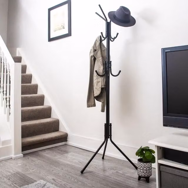 Home Treats Minimalist Black Metal Tripod Coat Rack with Distributed Point Hooks