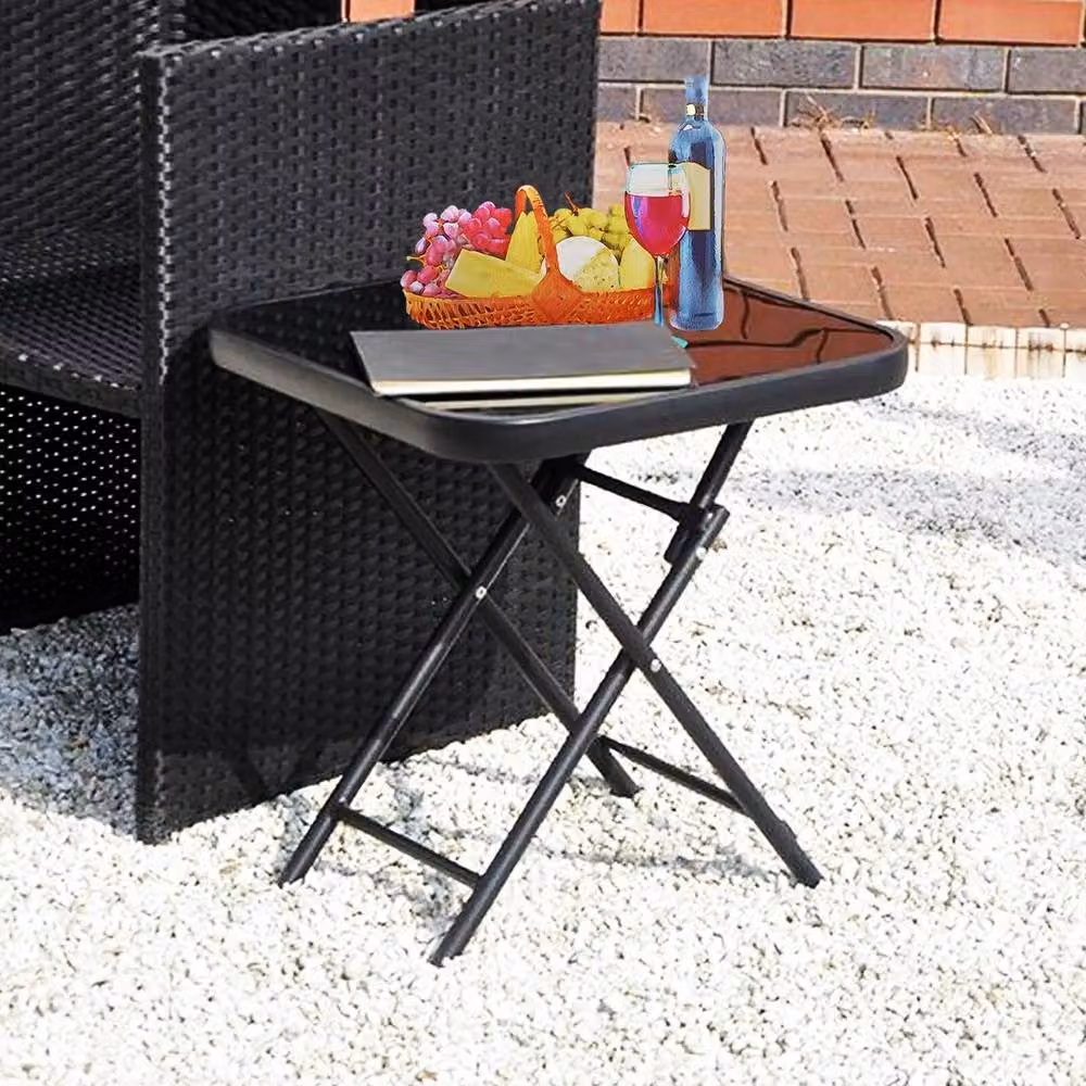 SPETLEK Folding Side Table with Black Glass Top and Metal Frame – 3